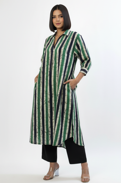 Maati  Jade Bands Cotton Collar Box Pleat Kurta