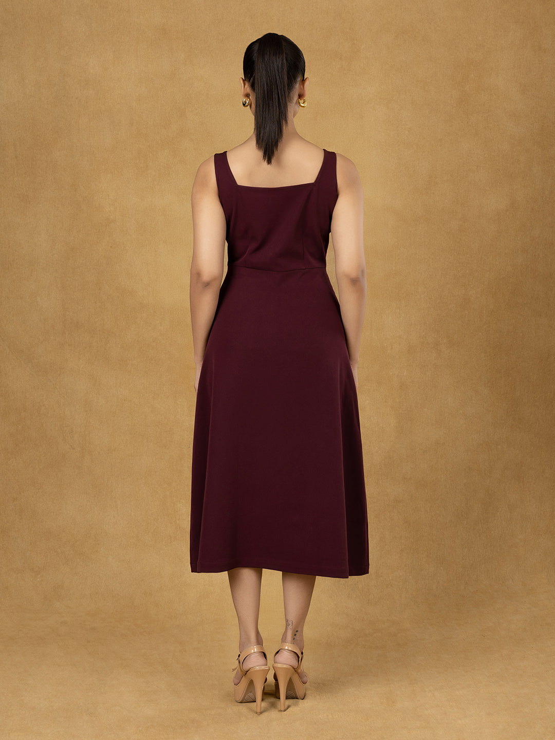 Burgundy Solid Strappy Fit And Flared Dress