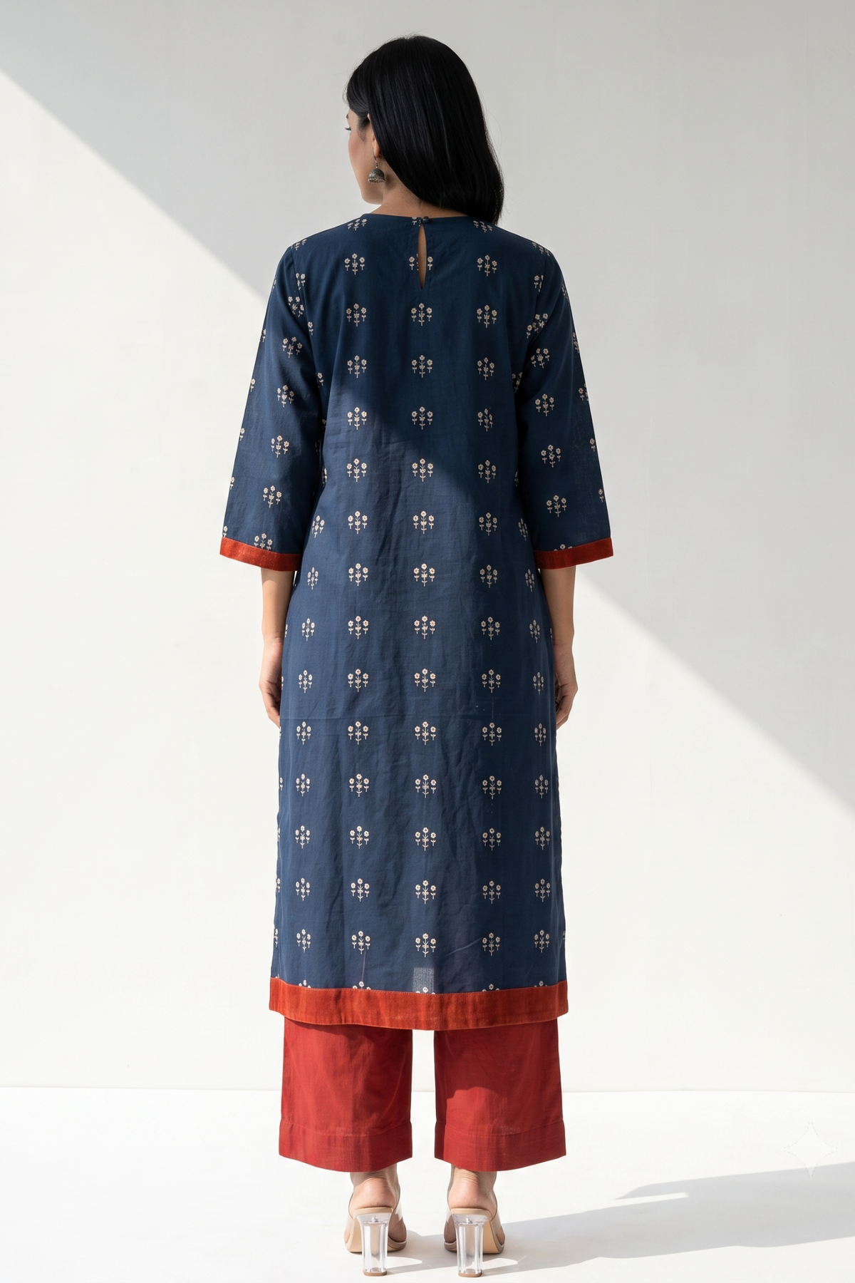 Navy Floral Bunch Cotton Kurta Top With Pintuck Mc