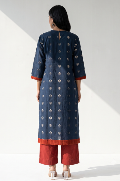 Navy Floral Bunch Cotton Kurta Top With Pintuck Mc
