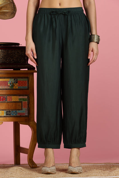 Chanderi Silk Bottle Green Kurta and Pants with Pocket  2PCS Set - LP