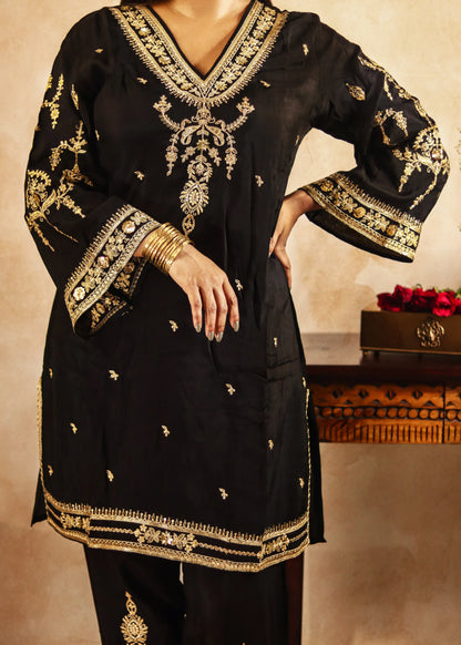 trueBrowns Black Embroidered Straight Kurta Pant Dupatta Set