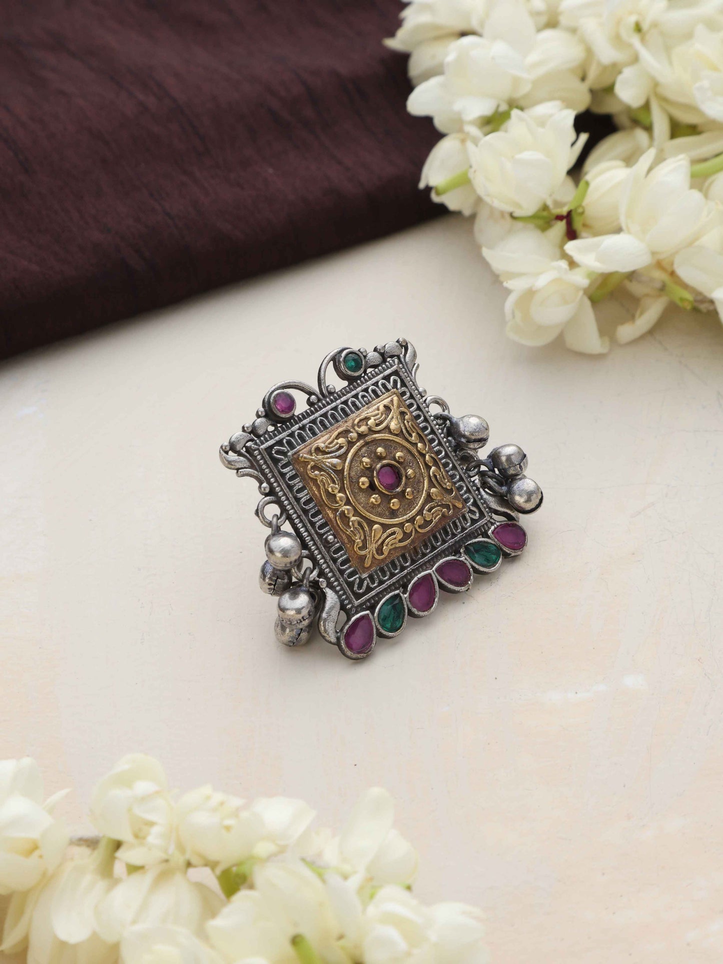 trueBrowns Silver Gold Tone Square Ring