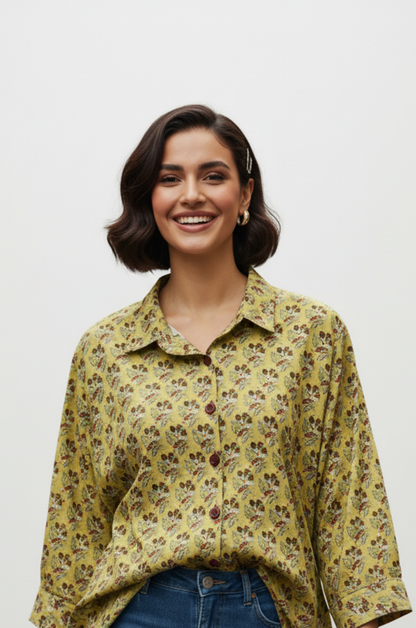 Maati  Mint Blossom Handblock Printed  Everyday Cotton Shirt