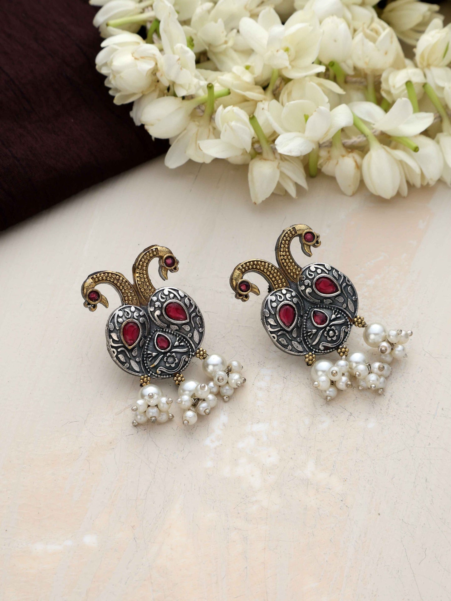 trueBrowns Silver Gold Tone Peacock Stud Earrings