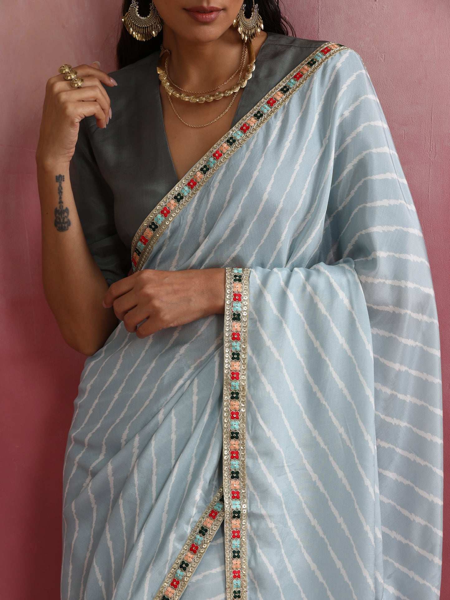 trueBrowns Grey Muslin Silk Ready To Wear Saree