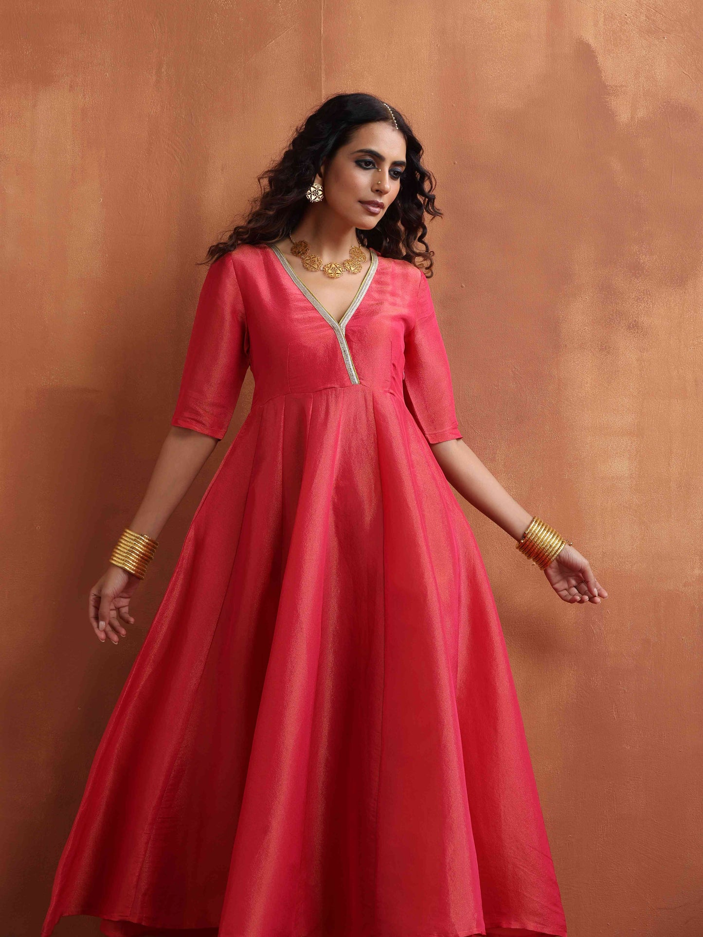 trueBrowns Hot Pink Tissue Flared Anarkali Kurta Set