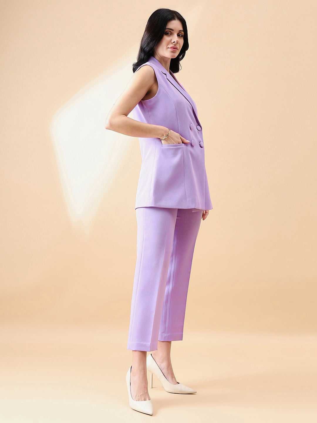 Cut- Sleeve Notch Collar Stretch Pant Suit- Lavender