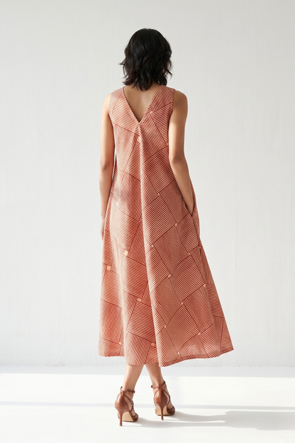 Crimson Grid Play Cotton Sleeveless Strap V-Neck Bias Dress