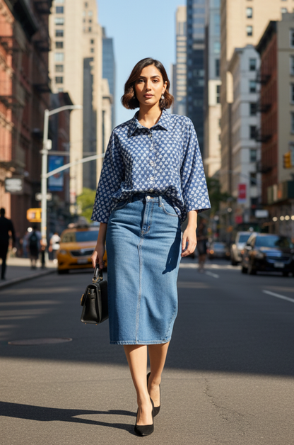 Maati  Blue Meadow Handblock Printed  Everyday Cotton Shirt