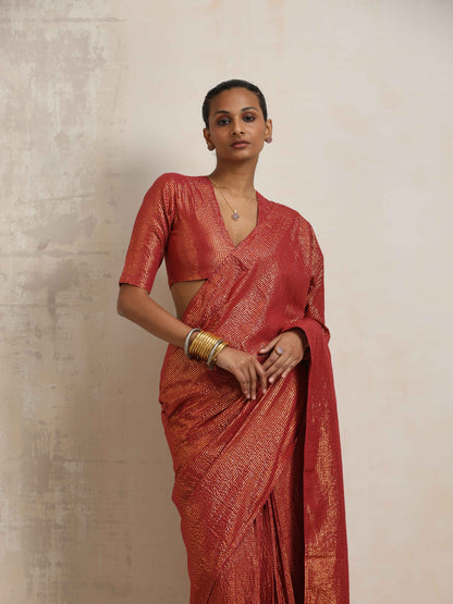 trueBrowns Maroon Gold Metallic Ready To Wear Saree