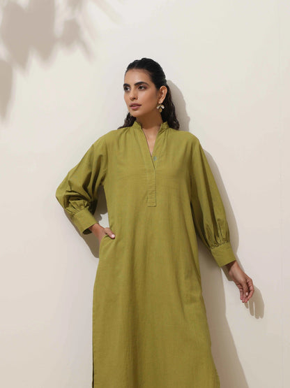 trueBrowns Pear Green Cotton Linen Kurta Pant Set