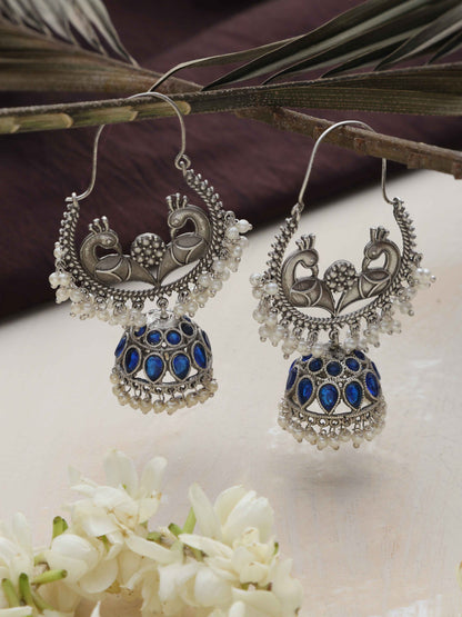 trueBrowns Silver Tone Peacock Jhumka Earrings