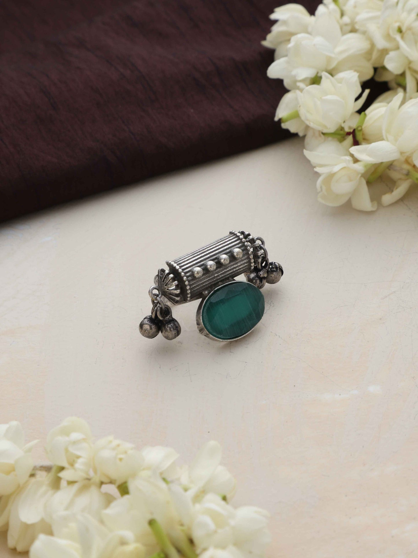 trueBrowns Silver Tone Stone Ghungroo Ring
