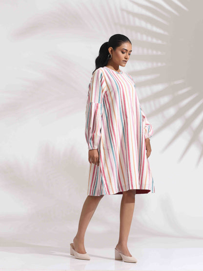 trueBrowns Off-White Cotton Multi Stripe Short Dress