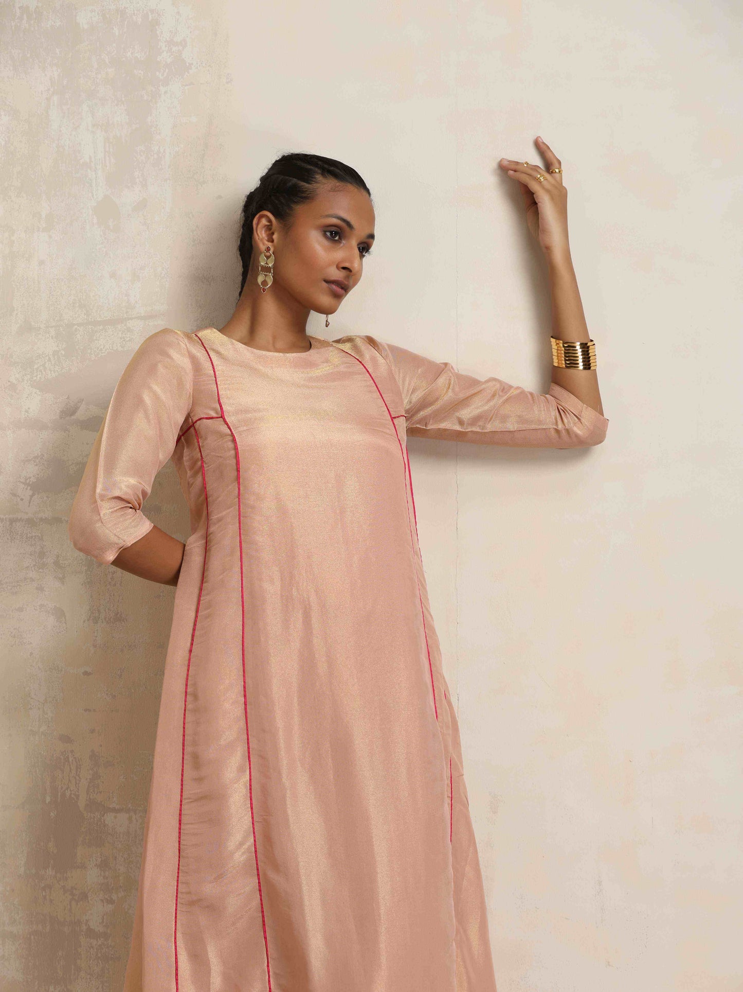 trueBrowns Blush Pink Tissue A-line Kurta Set