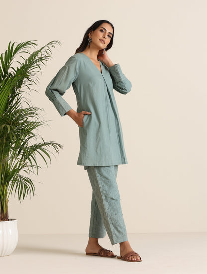 trueBrowns Blue Cotton Embroidered Co-ord Set