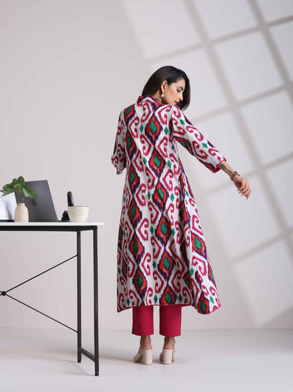 trueBrowns Pink Cotton Ikat Flared Kurta Pant Set