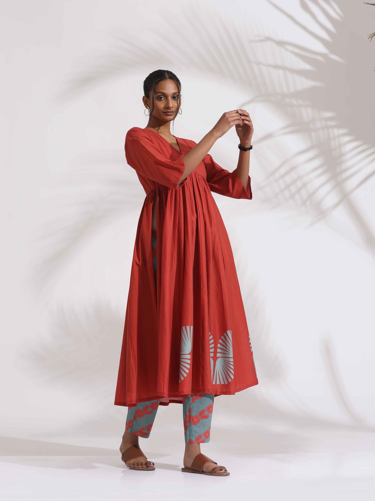 trueBrowns Red Cotton Print Flared Kurta Set