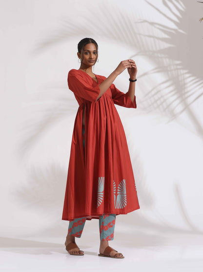trueBrowns Red Cotton Print Flared Kurta Set