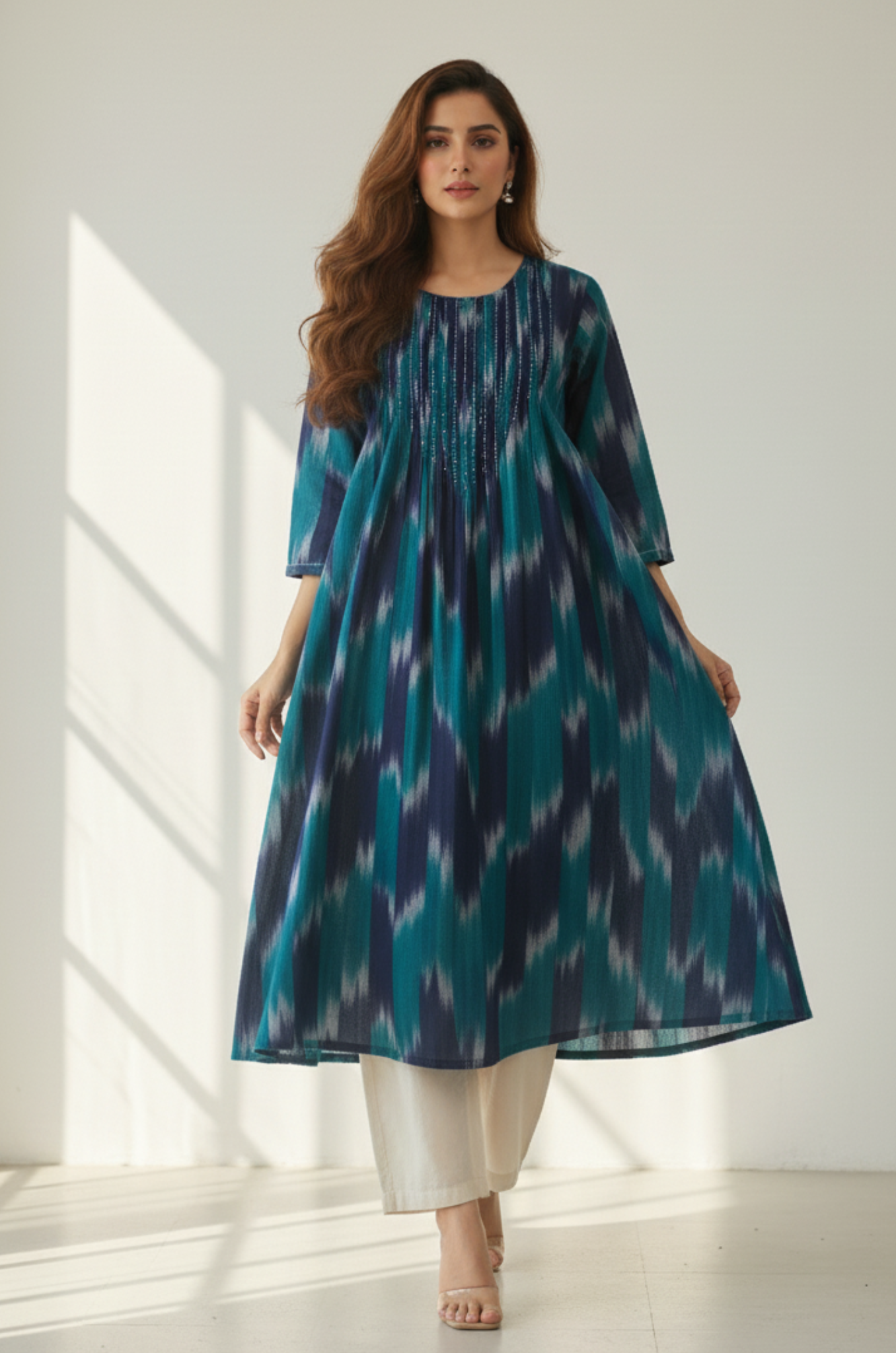 Maati  Teal Dusk Cotton Ikat Pintuck Long Dress
