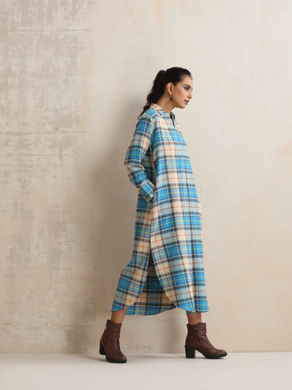 trueBrowns Beige Check Pleated Winter Dress