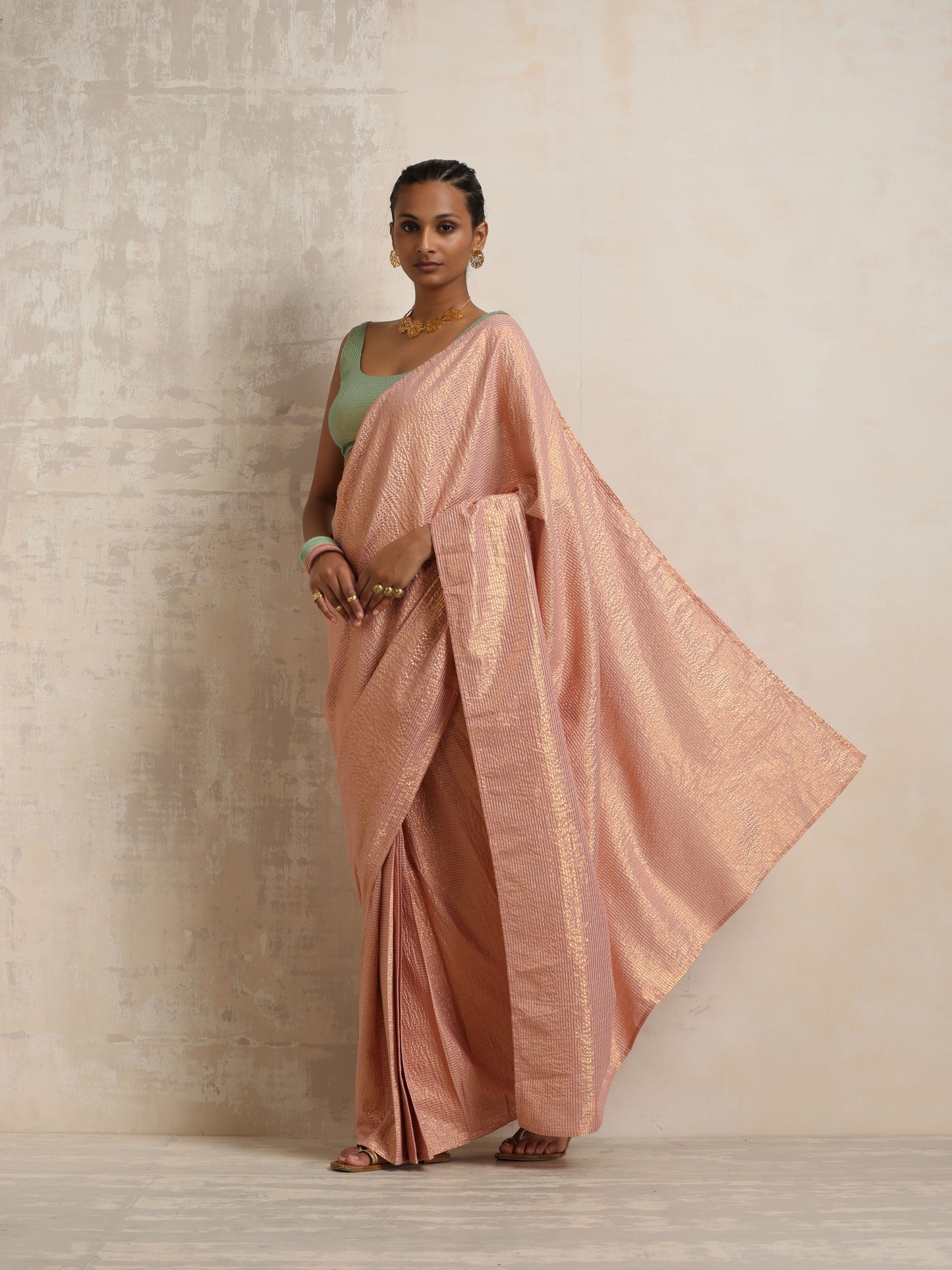 trueBrowns Pink Gold Lurex Ready To Wear Saree