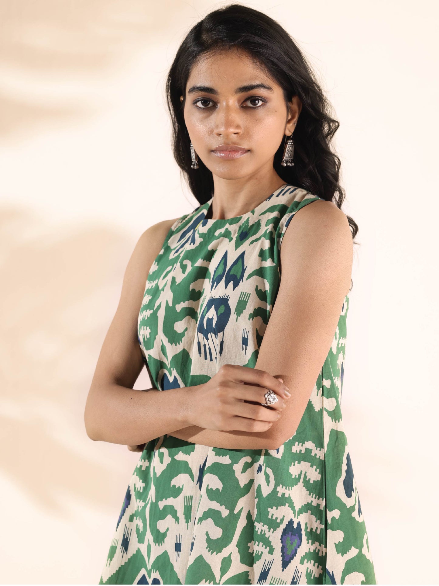 trueBrowns Green Cotton Ikat Sleeveless Co-ord Set