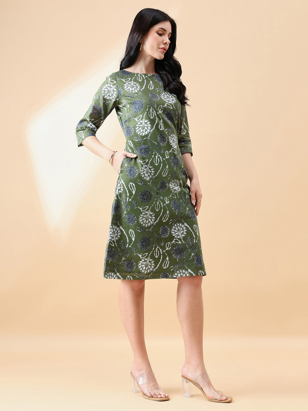 A-Line cotton floral printed dress- Olive