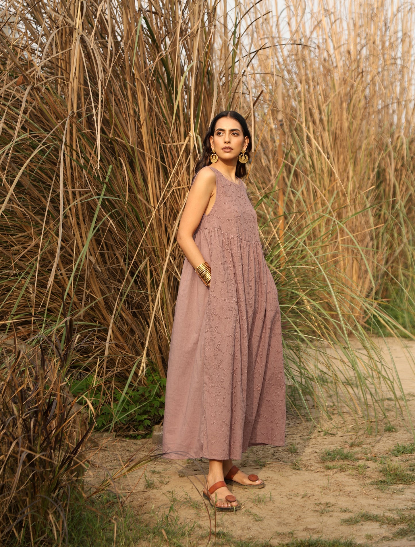 trueBrowns Pink Cotton Embroidered Flared Dress