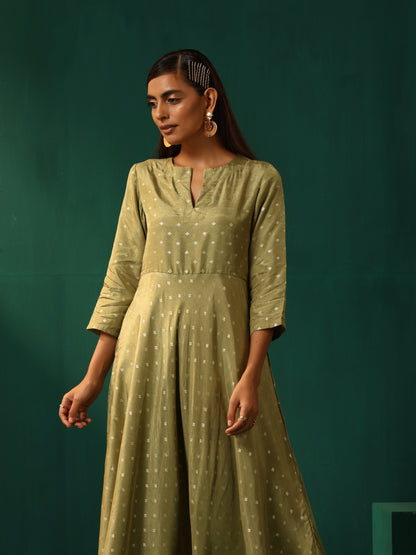 trueBrowns Green Square Viscose Silk Flared Kurta Pant Set