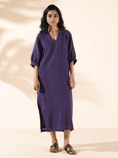 trueBrowns Purple Cotton Dobby Slit Dress