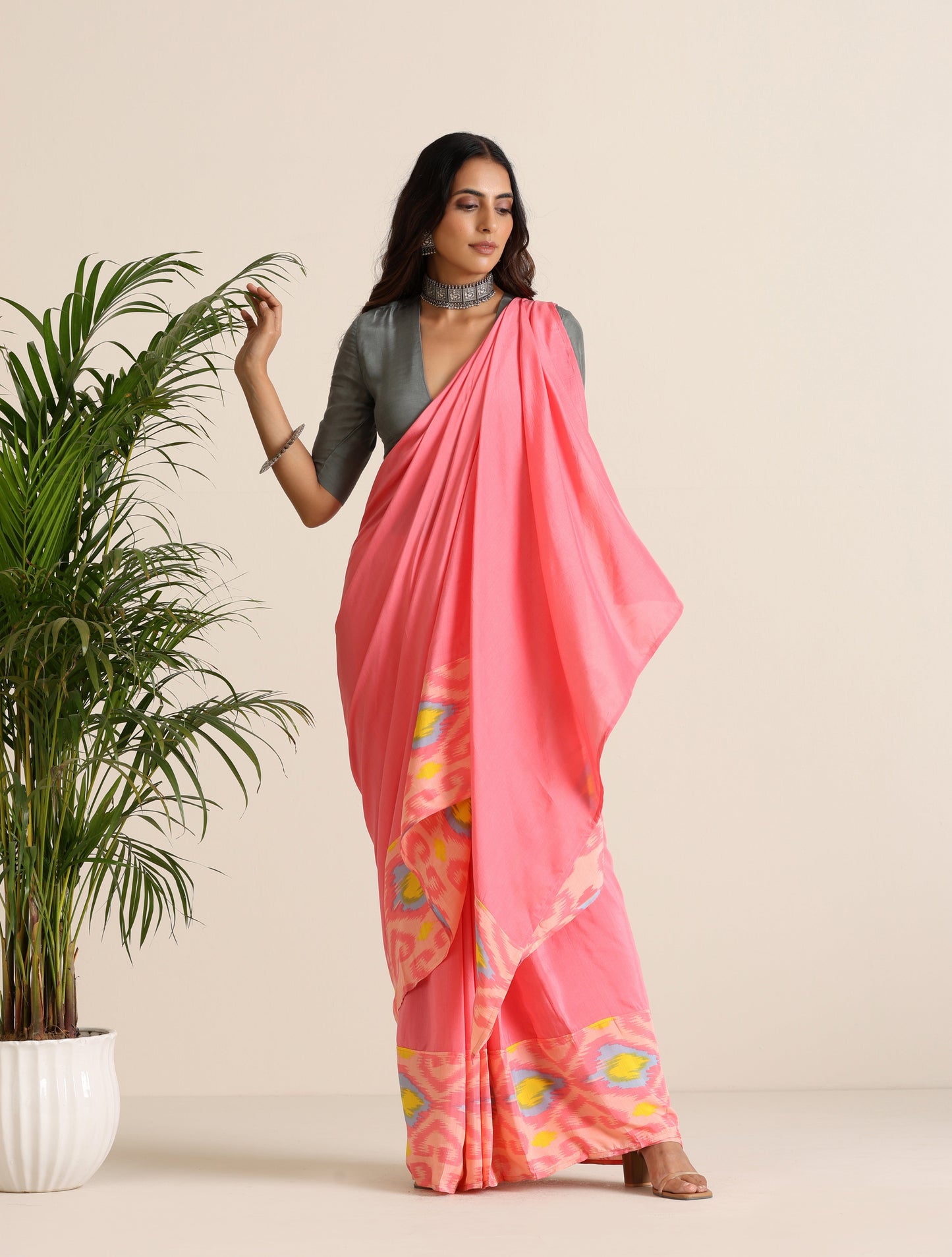 trueBrowns Pink Lime Muslin Ikat Ready to Wear Saree