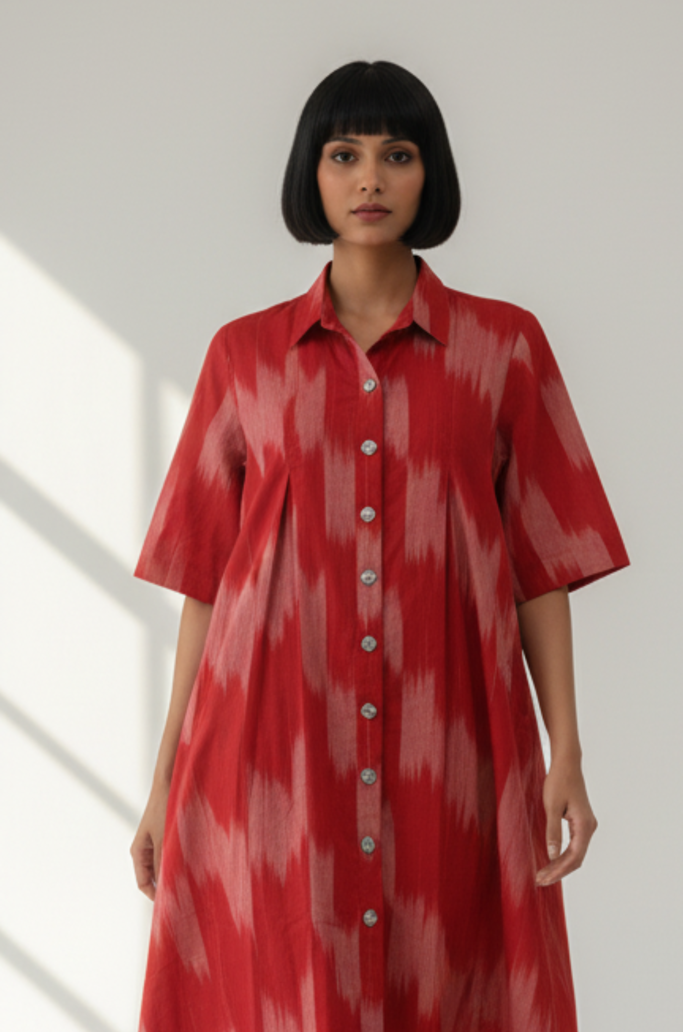 Maati  Ash Rose Cotton Ikat Box Pleat Button Down Shirt Dress