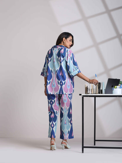 trueBrowns Blue Cotton Ikat V-neck Co-ord Set