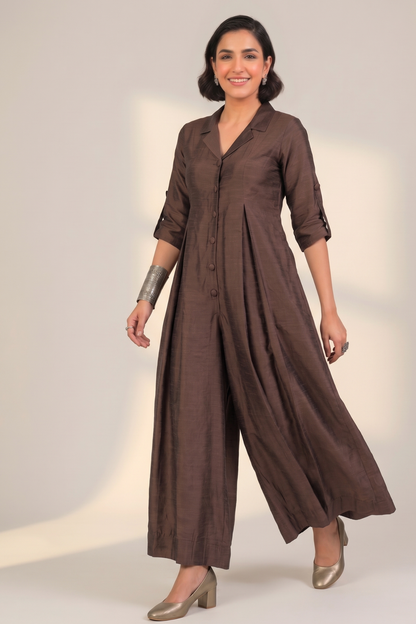 Coffee Bean Silk Slub Jumpsuit With Pockets & Collar Mc