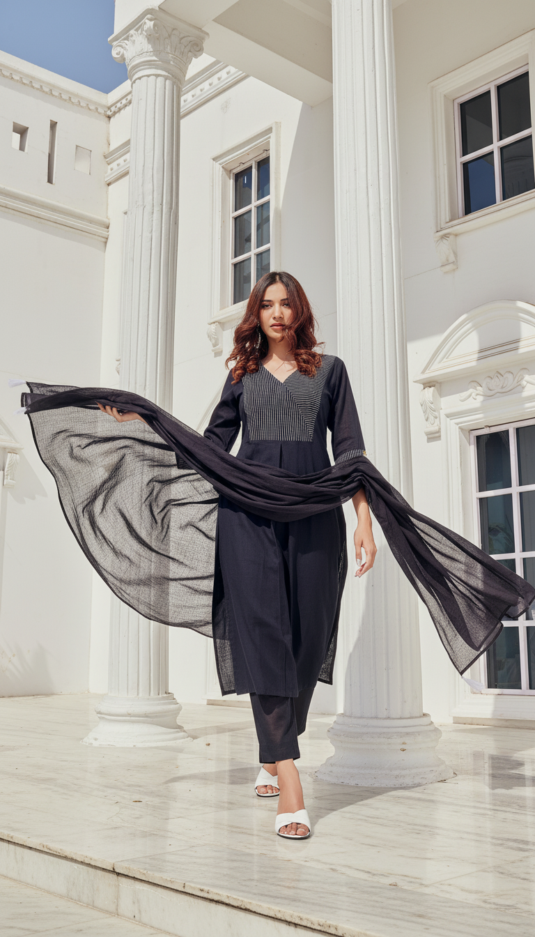 Black Cotton Slub Kurta,Pant and Dupatta 3PCS Set - LP