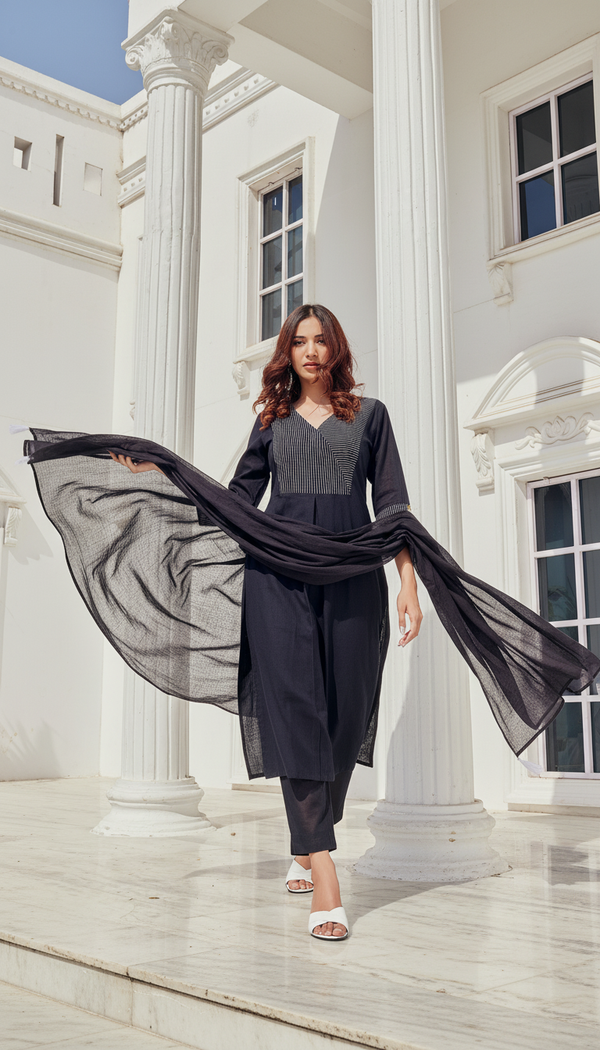 Black Cotton Slub Kurta,Pant and Dupatta 3PCS Set - LP
