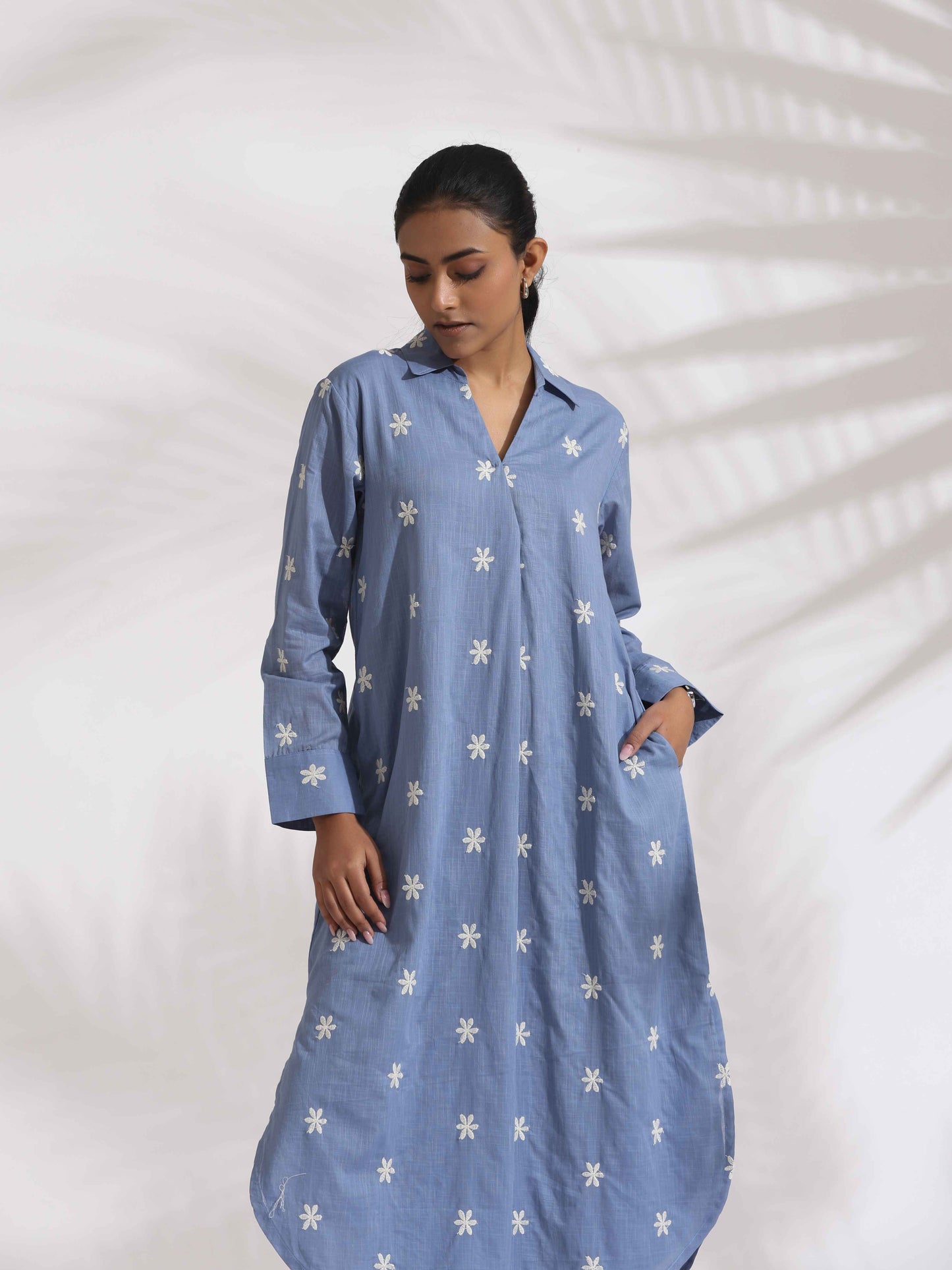 trueBrowns Blue Cotton Floral Embroidered Dress