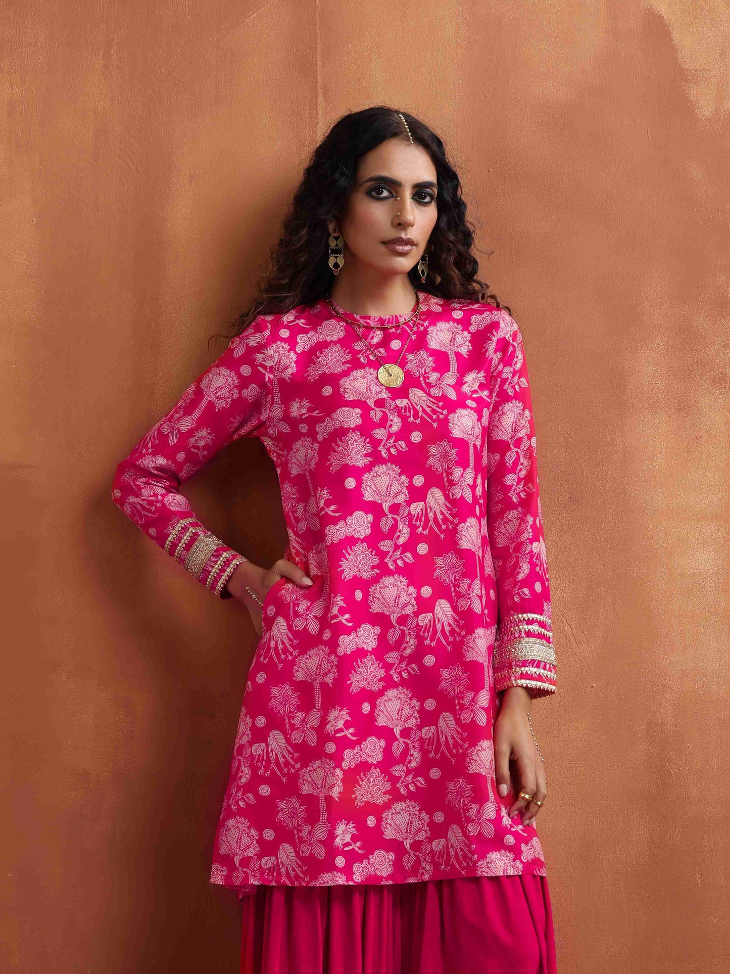 trueBrowns Red Print Sharara Set