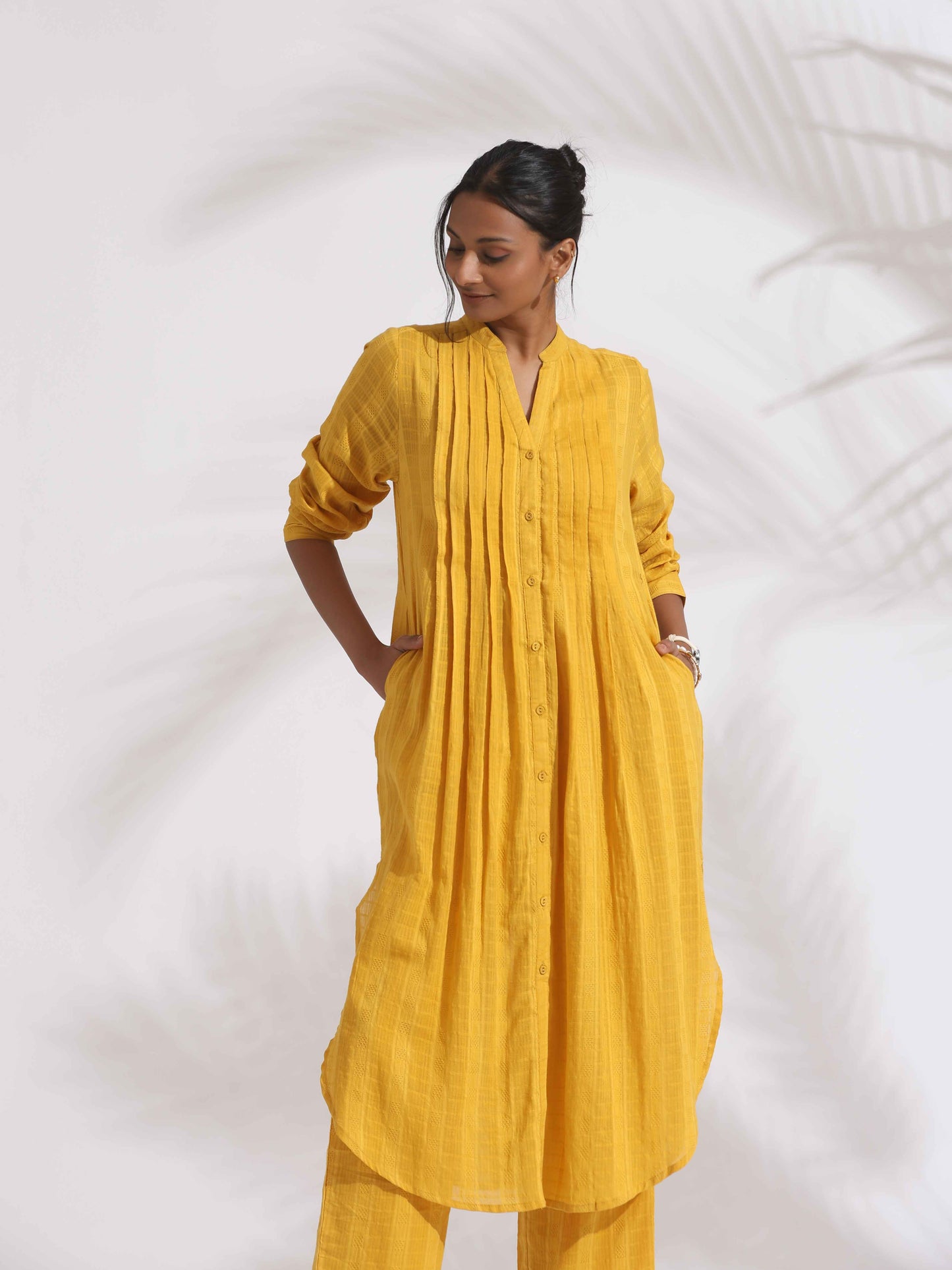 trueBrowns Yellow Cotton Pleated Shirt Kurta Set