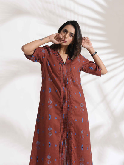 trueBrowns Brown Cotton Print pleated Dress