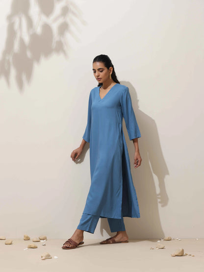 trueBrowns Blue Viscose Kurta Pant Set