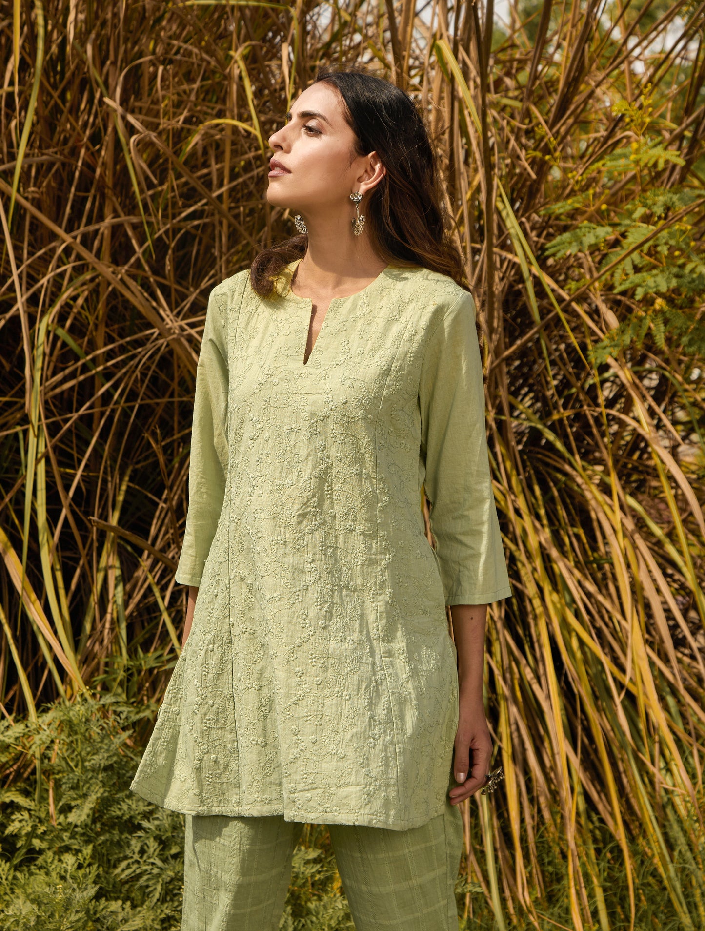 trueBrowns Green Cotton Embroidered Co-ord Set