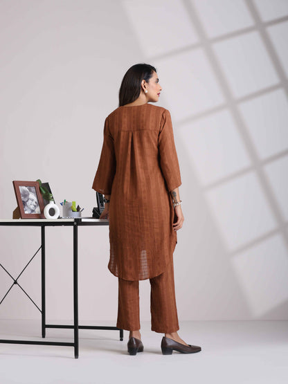 trueBrowns Brown Cotton Dobby Kurta Co-ord set