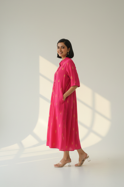 Maati  Sunlit Pink Cotton Box Pleat Button Down Shirt Dress