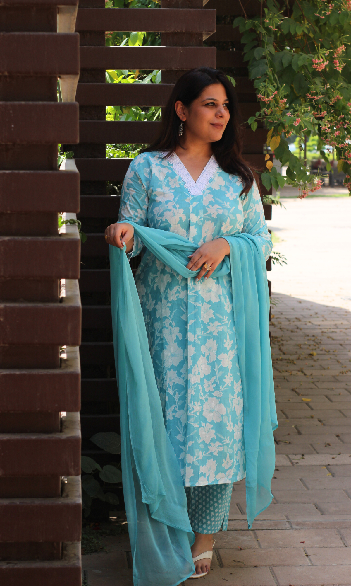 Baareeki Cotton Blue Botanika Printed Suit with Chiffon Dupatta