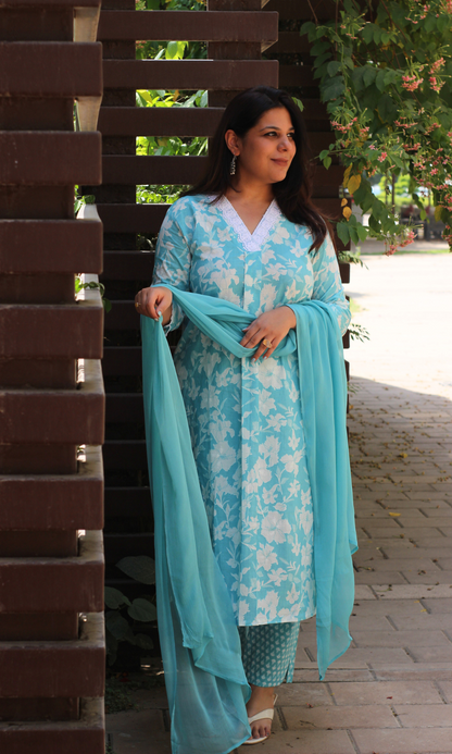 Baareeki Cotton Blue Botanika Printed Suit with Chiffon Dupatta