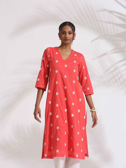 trueBrowns Orange Cotton Floral Embroidered Kurta Set
