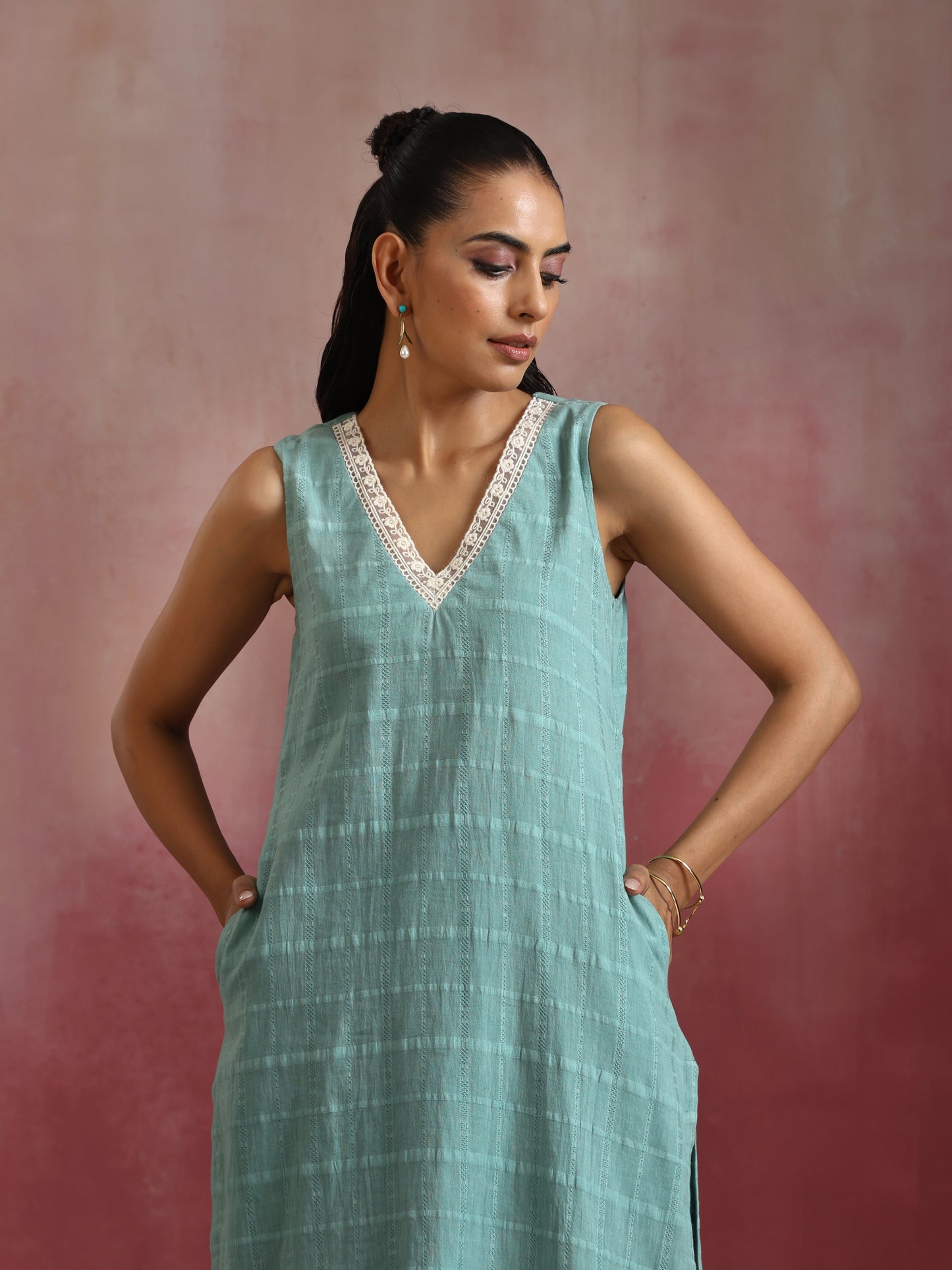 trueBrowns Aqua Blue Cotton Dobby High low Kurta Set